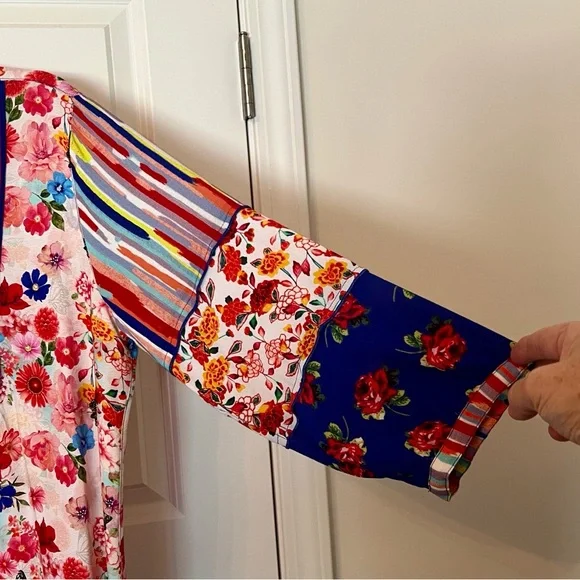 John Mark Floral Embroidered Top in Red and Blue - Picture 2 of 5